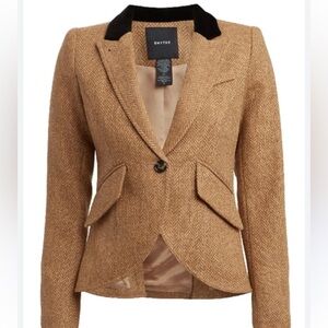 Smythe Velvet-Trimmed Herringbone Wool Blazer in Beige Size 4
